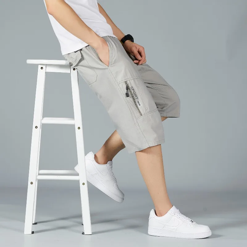 Men's Solid Letters Summer Printed Zipper Pockets Elastic High Waisted Casual Loose Sports Trousers Vintage Office Lady Shorts