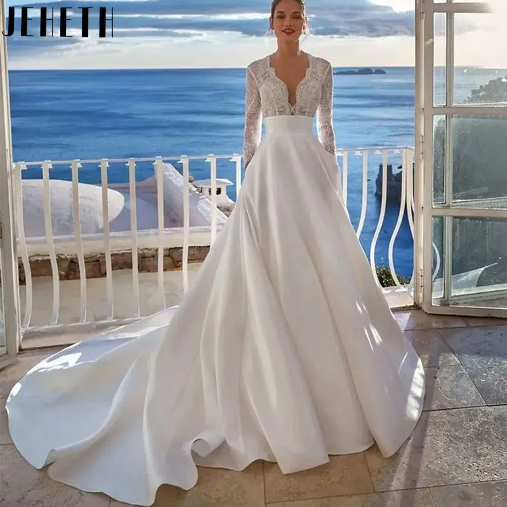 

JEHETH Modern V-neck Full Sleeves Wedding Dress Simple A-Line Buttons Bridal Gown Backless Tulle Custom Made Vestidos Para Mujer