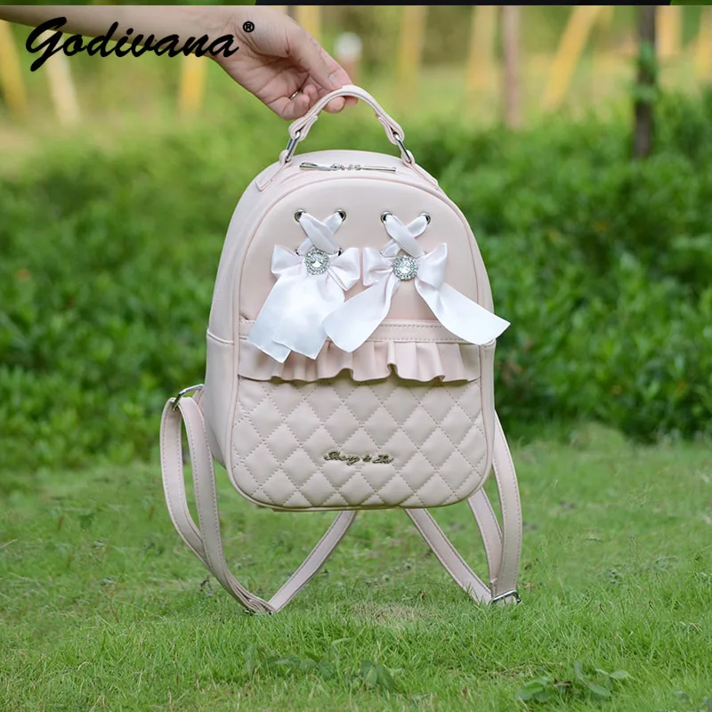 Japanese New Backpack Lightweight Fashion Rhienstone Leather Backpack Women's Students Bow Large Capacity College Style Bag