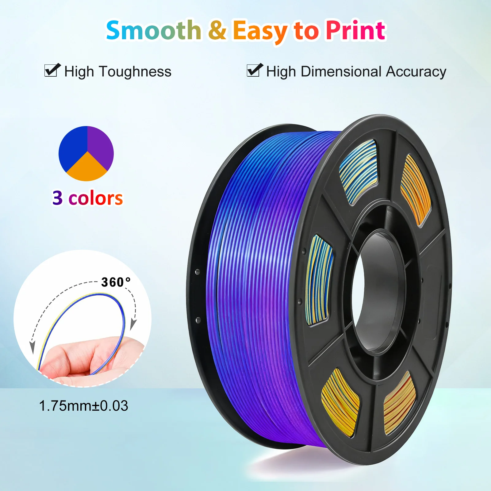 삼색 실크 PLA 3D 프린터 필라멘트, 1.75mm 멀티컬러 3D 프린팅 필라멘트, 블루&퍼플&오렌지 필라멘트, 250g (0.55lbs)