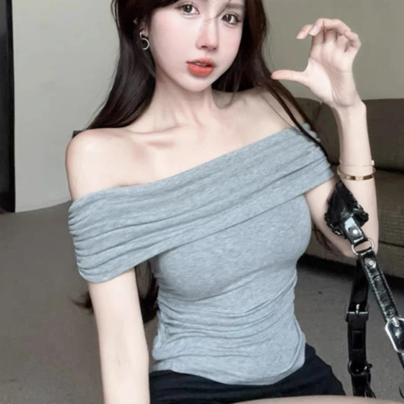 1 pièce T-shirt femme à épaules dénudées, basique, mode, uni, manches courtes, coupe ajustée, sexy