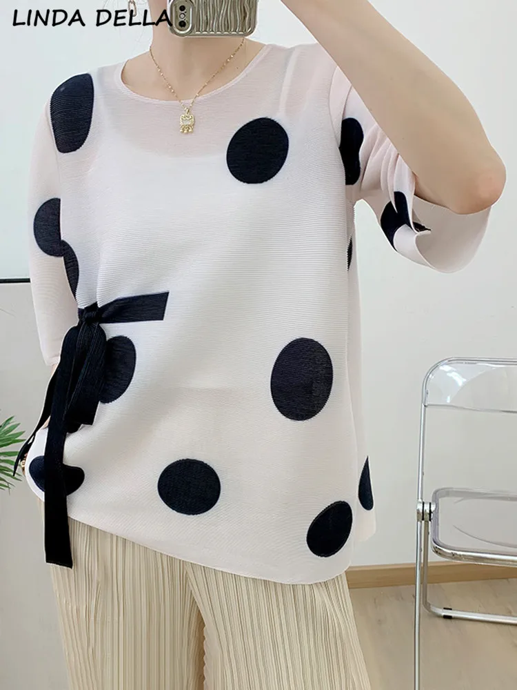 

LINDA DELLA Summer Fashion Runway Vintage Pleated T-shirt Women's O-neck Half Sleeve Bow-frenulum Polka Dot Loose Casual T-shirt