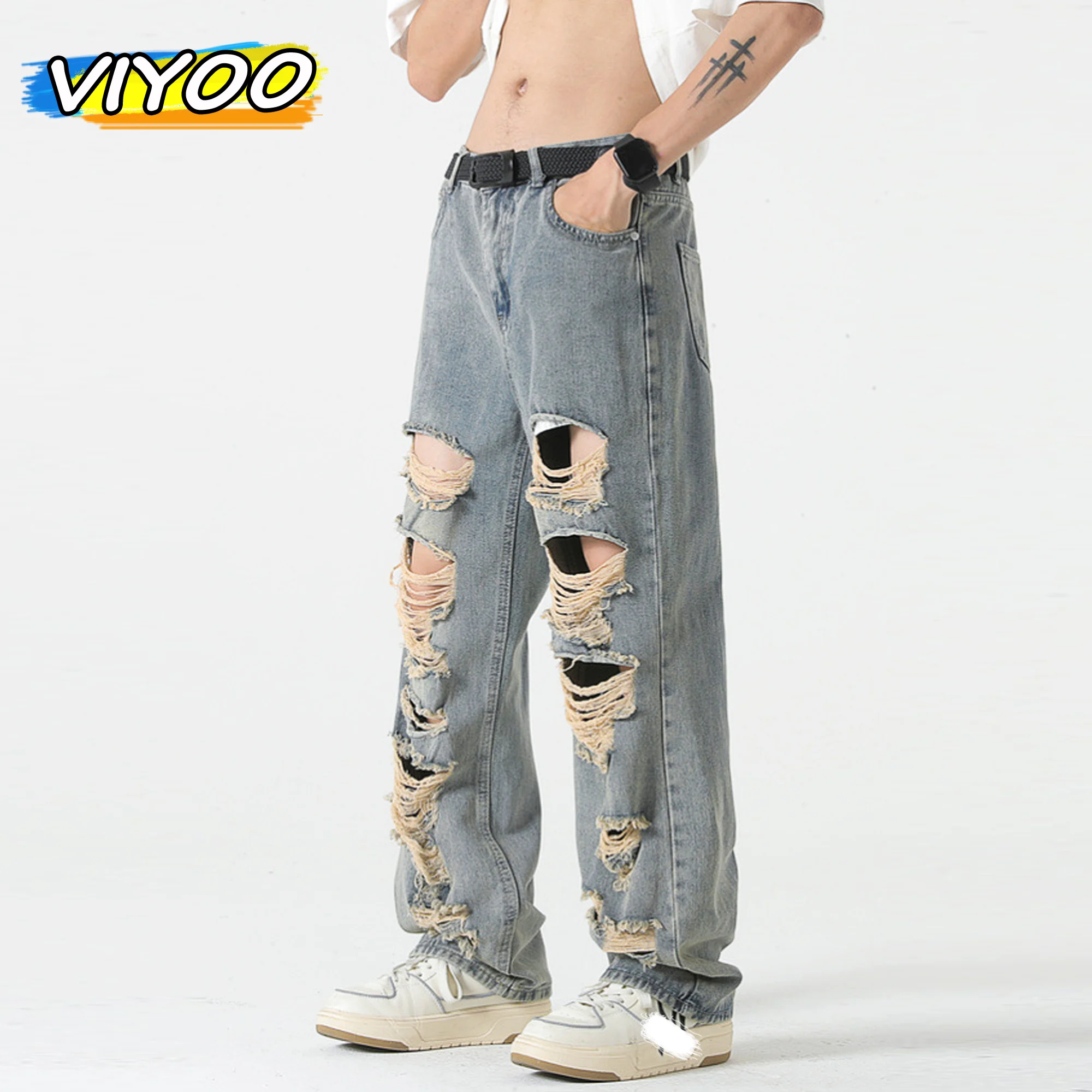 American Men's Vintage Hole Y2K Jeans Cotton Denim Pants Baggy Ripped Jeans Man Straight Trousers Female Gothic Clothes