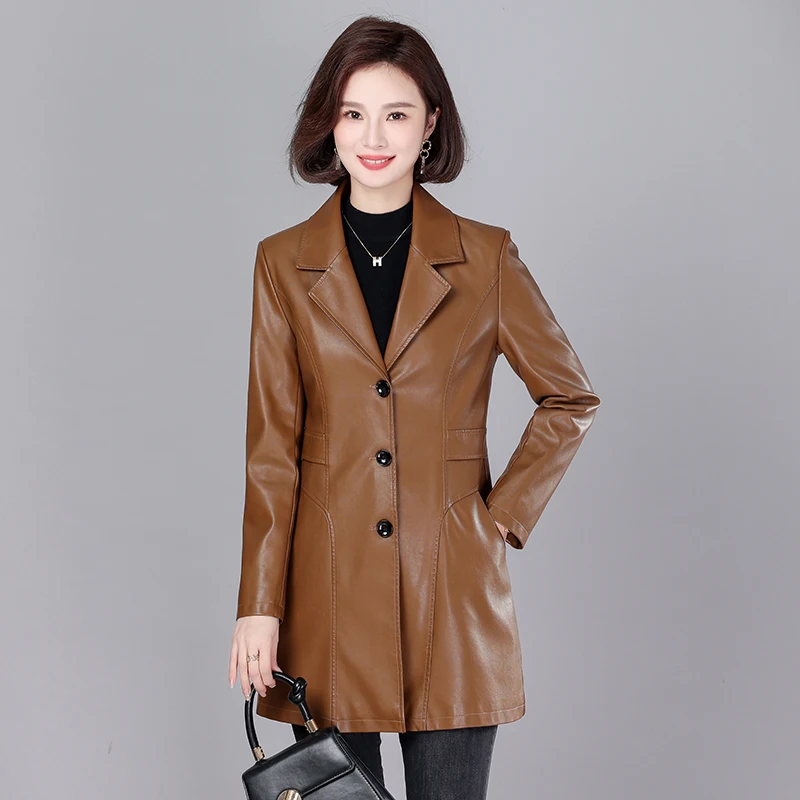 

Women's Long Slim Leather Jacket, Female Motorcycle Clothing, Imitate Soft Sheepskin Coat, Spring