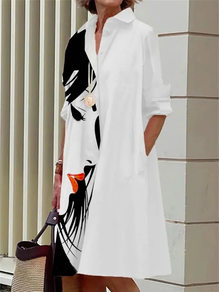 

Yeezzi 2023 New Fashion Figure Printed Lapel Shirt Dress Spring Autumn Long Sleeve Loose Causal Going Out Midi Dresses For Women