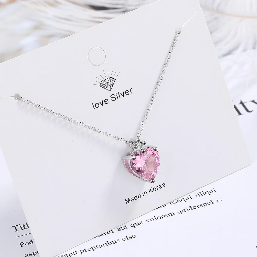 Newin925SterlingSilverHeartPinkZirconWomensNeckChain