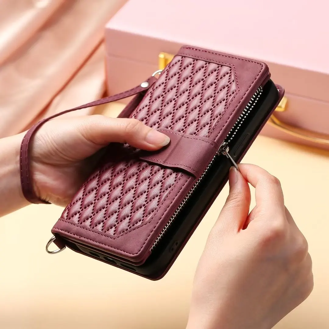 Fashion Zipper Wallet Case For Redmi 9 Flip Cover Multi Card Slots Cover Phone Case Card Slot Folio with Wrist Strap