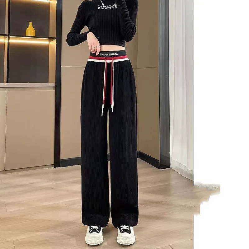 Women's Solid Color Elastic Waist Drawstring Wide Legs 2023 Autumn and Winter High Waist Pocket Corduroy Casual Straight Pants