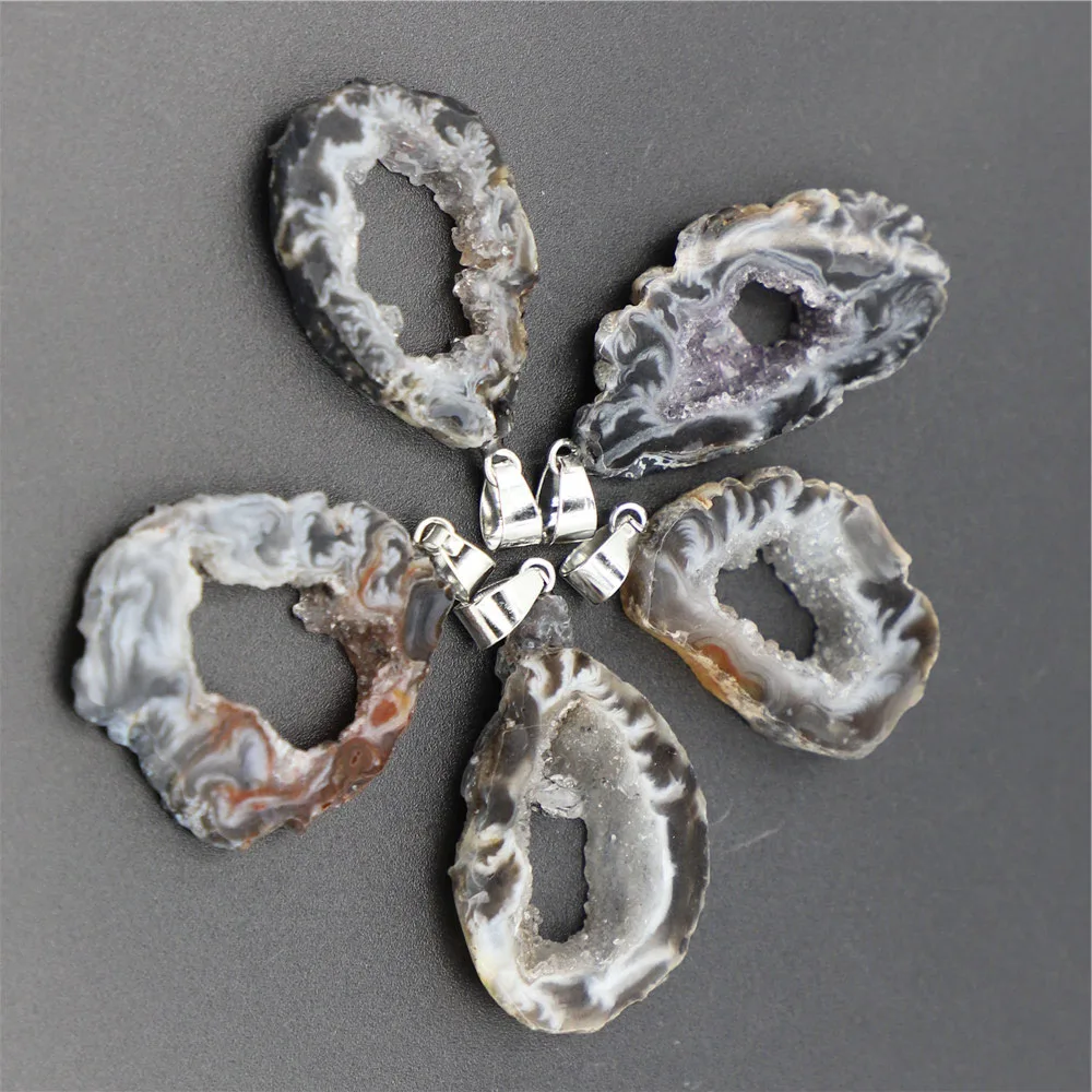 25-40mm Fashion Natural Stone Black Agate Crystal Cluster Necklace Irregular Retro Pendant Unisex DIY Jewelry Wholesale 5Pcs/Lot