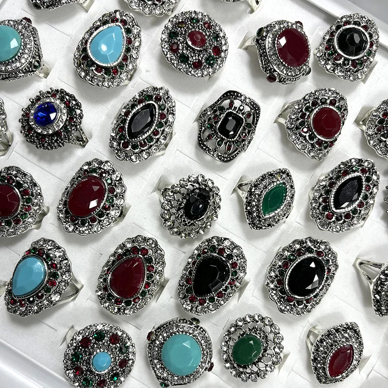

10Pcs Fashion Vintage Multicolor Stone Silver Plated Ring Tibetan Silver Retro Rings For Women Jewelry Bulks Rings Lots LR4214