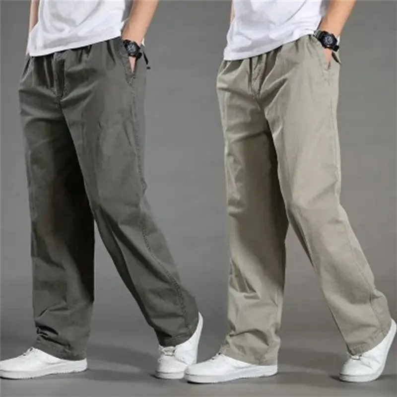 

Summer New Men's Cotton Casual Pants Workwear Pants Thin Loose Elastic Waist Straight Leg Pants