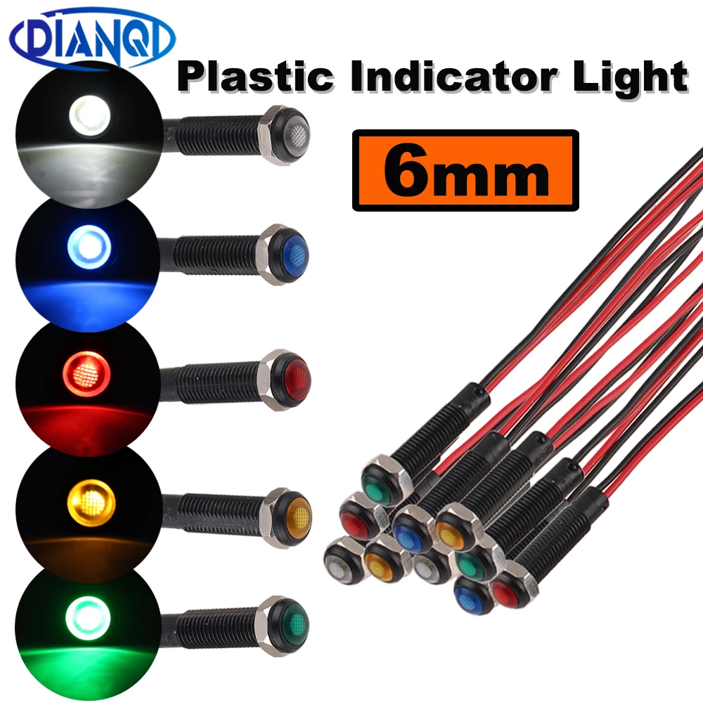 6mm Oxidized Black Plastic Indicator Light led indicator light Mini Warning LED Pilot Signal Lamp 6V12V 24V 220V with Wire Red Yellow Blue Green 1pc