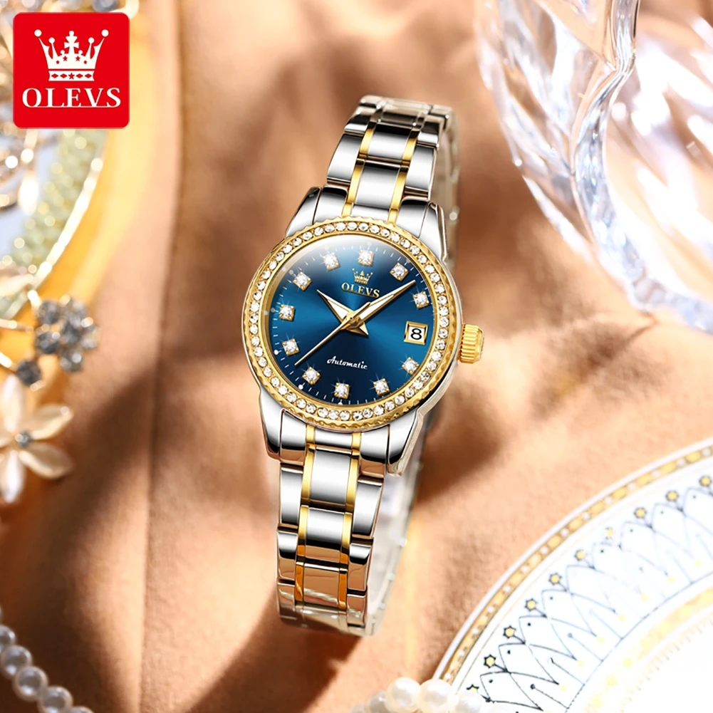OLEVS 2024 New Luxury Diamond Dial Mechanical Watch for Women Fashion Elegant Ladies Dress Bracelet Automatic Wristwatches Women