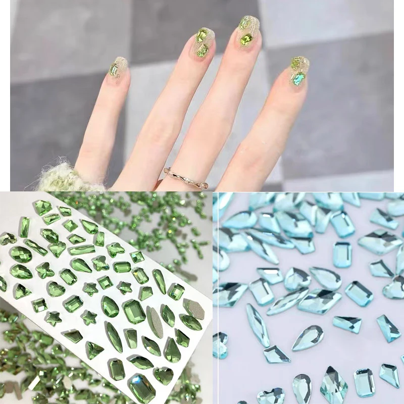 

50/100pcs Aurora light green Color AB Nail Art Rhinestones flat bottom Mix shaped crystal drill Stones For 3D Nails Decorations