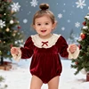 2025 Christmas Baby Girls Outfit Romper Red Bow Collar Jumpsuit New Years Red Romper Xmas Bodysuits Fall Winter Child Clothes