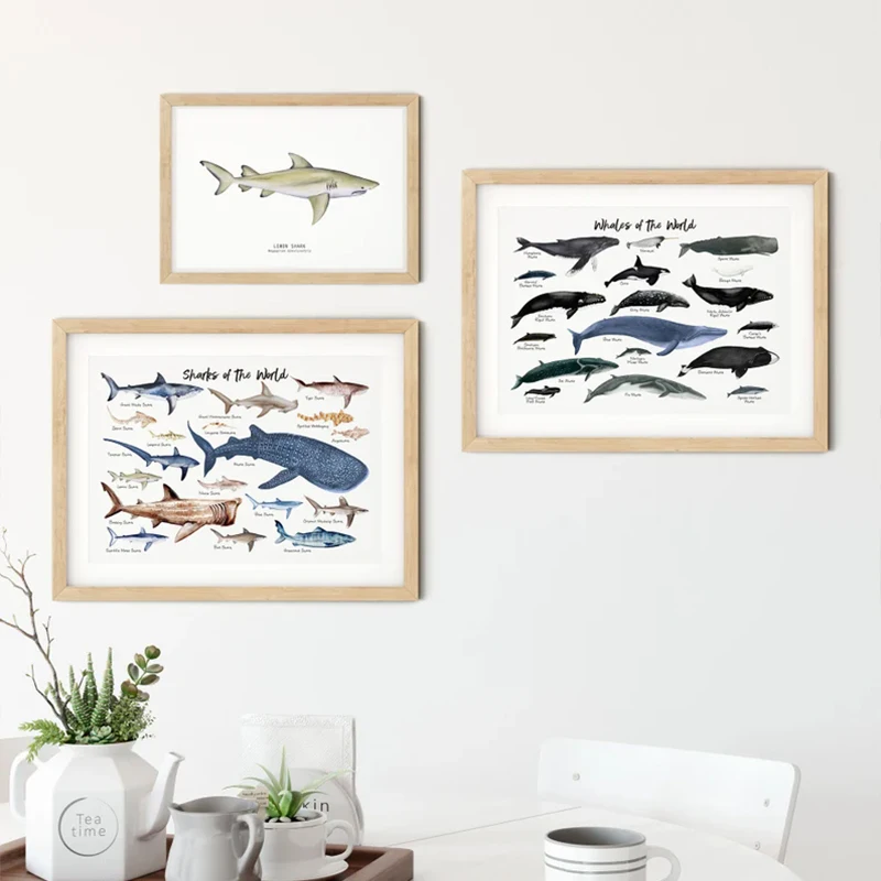 Marine Life Ocean Animals Canvas Art Poster - Whales, Sharks, and Turtles