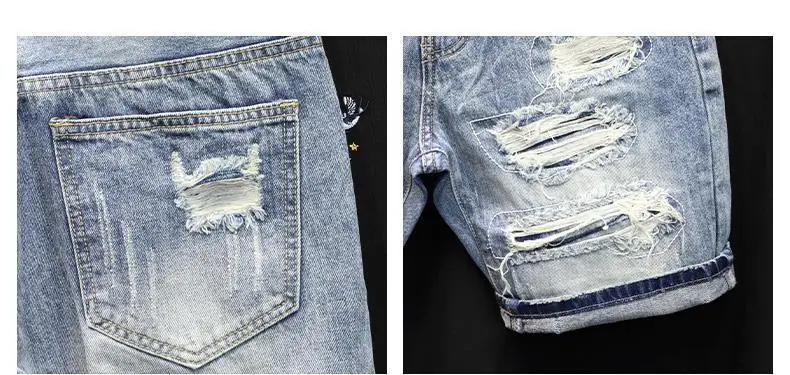 Denim Shorts 2025 Men's Summer Thin Ripped Patch Beggar Pants Cat Whisker Needle Sewing Slim Small Feet Short Jean Medium Pants