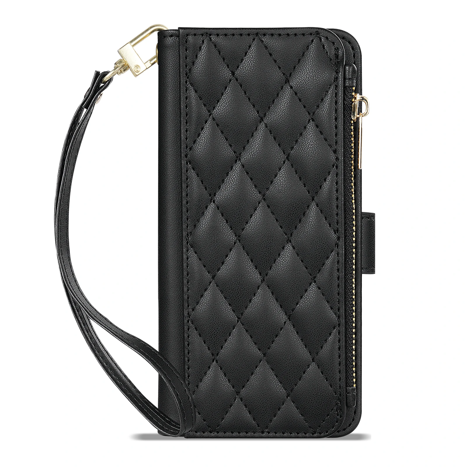 Compact Leather Wallet Case with Zipper Card Slot and Magnetic Flip Stand Feature