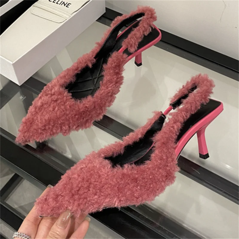 

New Style Pointy Toe High-Heeled Shoes Women's Plush Back Strap Thin Heel Sandals Sexy Mules Shoes Slippers Ladies Pumps