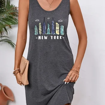 New York printing Women Slim Long Dress Summer Sexy Sleeveless Bodycon Dresses Vacation Beach Outfits Casual  Party  Skirt