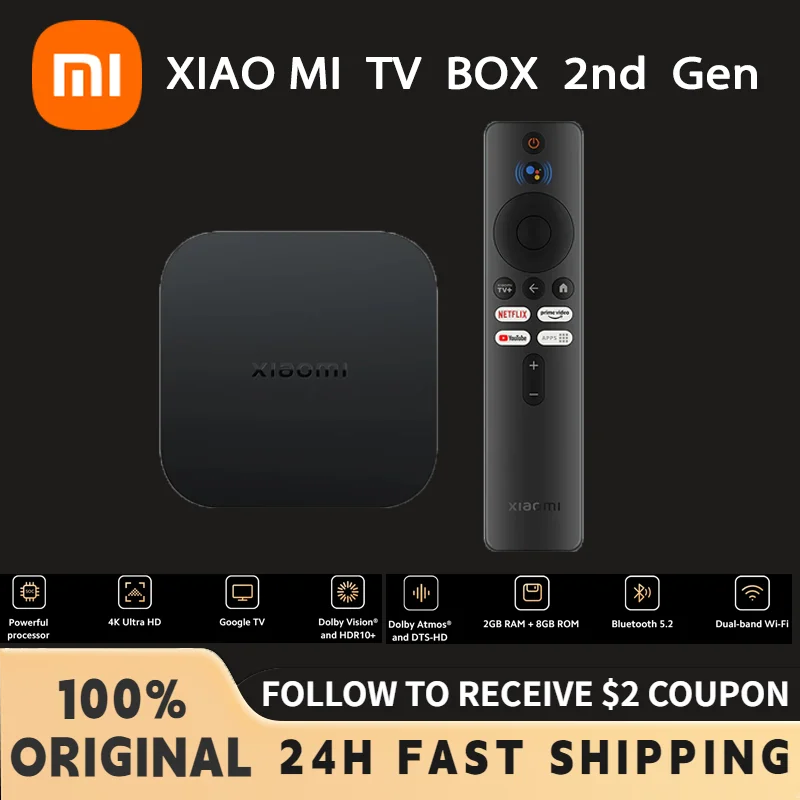  Xiaomi TV Box S (2nd Gen) 4K Ultra HD Streaming Media Player,  Google TV Box with 2GB RAM 8GB ROM, 2.4G/5G Dual WiFi, Bluetooth 5.2 &  Dolby Atmos & DTS-HD, Dolby