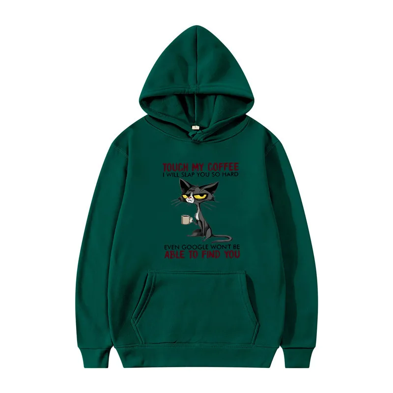 Disdainful Cat Protection Coffee Animation Print Youth Hooded Sports Top Fleece Pullover Casual Jogging Fitness Sweatshirt