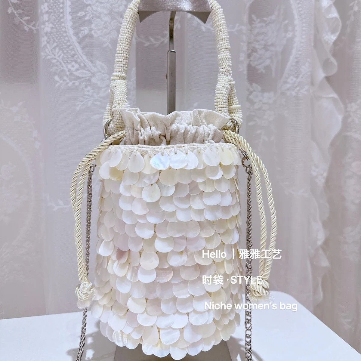 Designer Women's Bag Pearlescent Inlay Bucket Crossbody Bag Shell Beaded Handbag Sequin Wooden Handle Tote Exquisite Purse