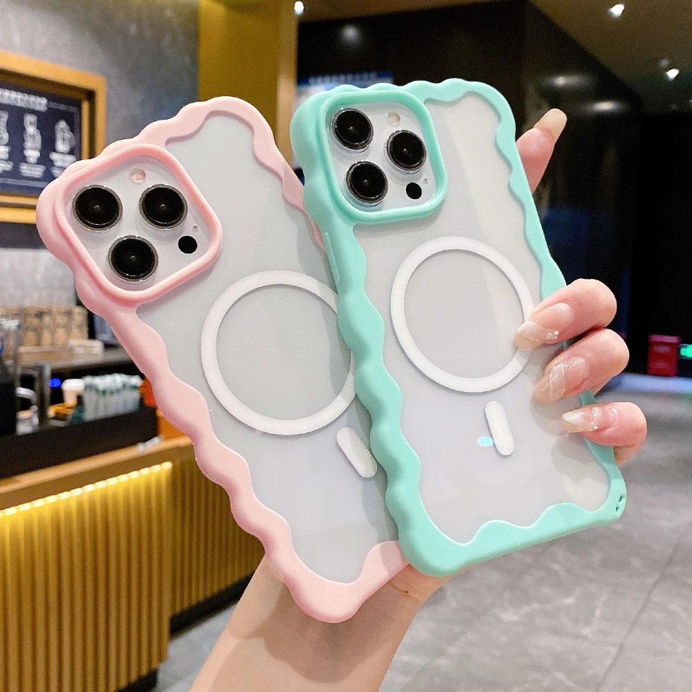 Cream Curly Wave Border Magnetic Case For iPhone 11 12 13 14 Plus 15 16 Pro Max Transparent For Magsafe Wireless Charge Cover_voghion.com