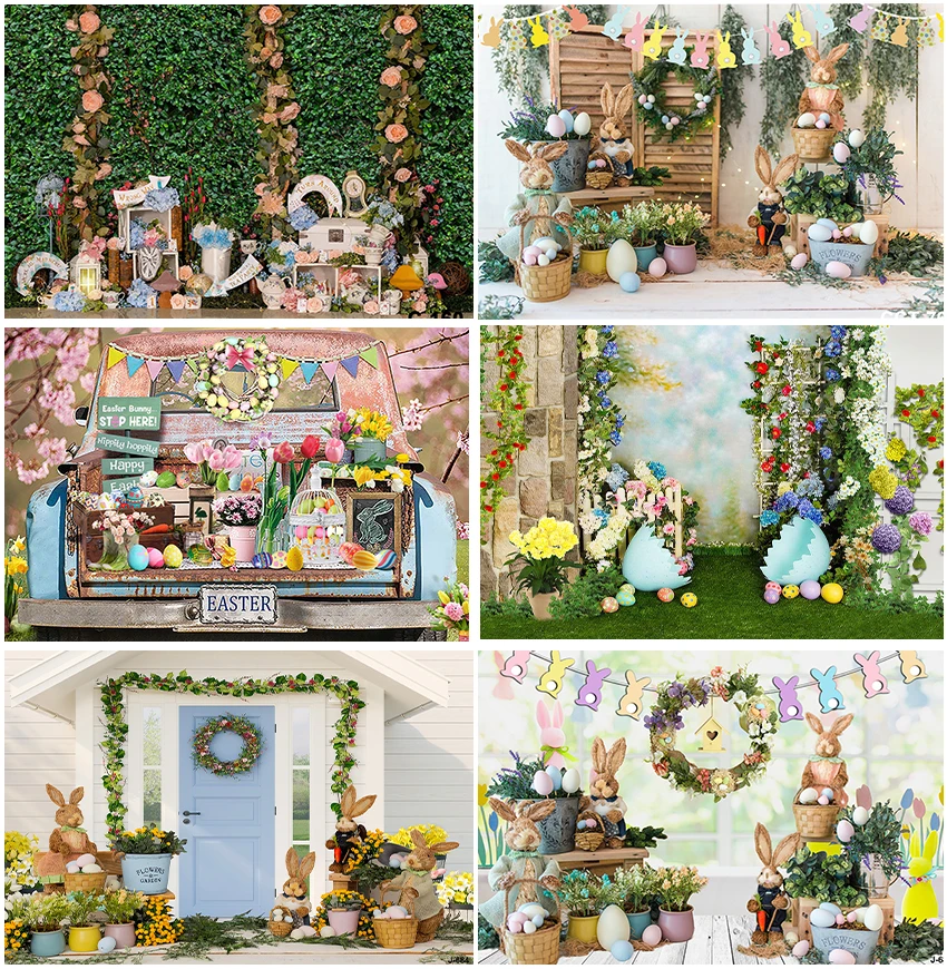 

Spring Scenic Green Vine Floral Easter Bunny Backgrounds Photographic Baby Portrait Grassland Blossom Banner Photocall Backdrops