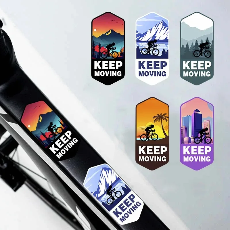 Pegatina para bicicleta de montaña KEEP MOVING de 2 piezas: pegatina para cuadro Hexagonal impermeable, diseño de paisaje (montañas, horizonte urbano