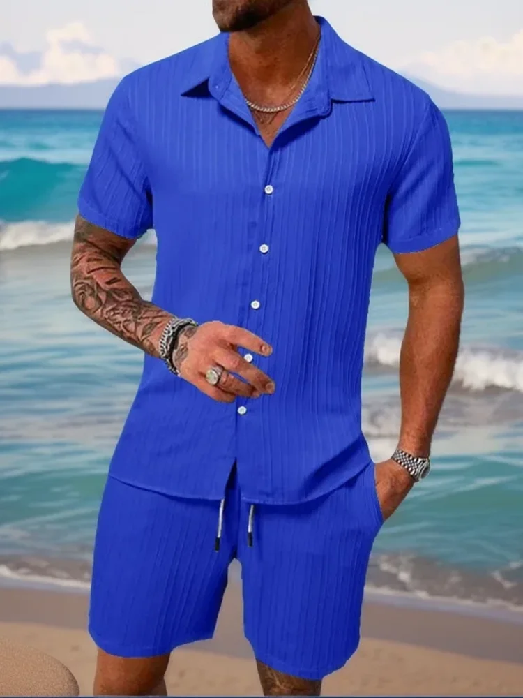 Men's beach suit striped solid color short sleeve shorts shirt Sports casual breathable lightweight high quality men's wear ins 2
