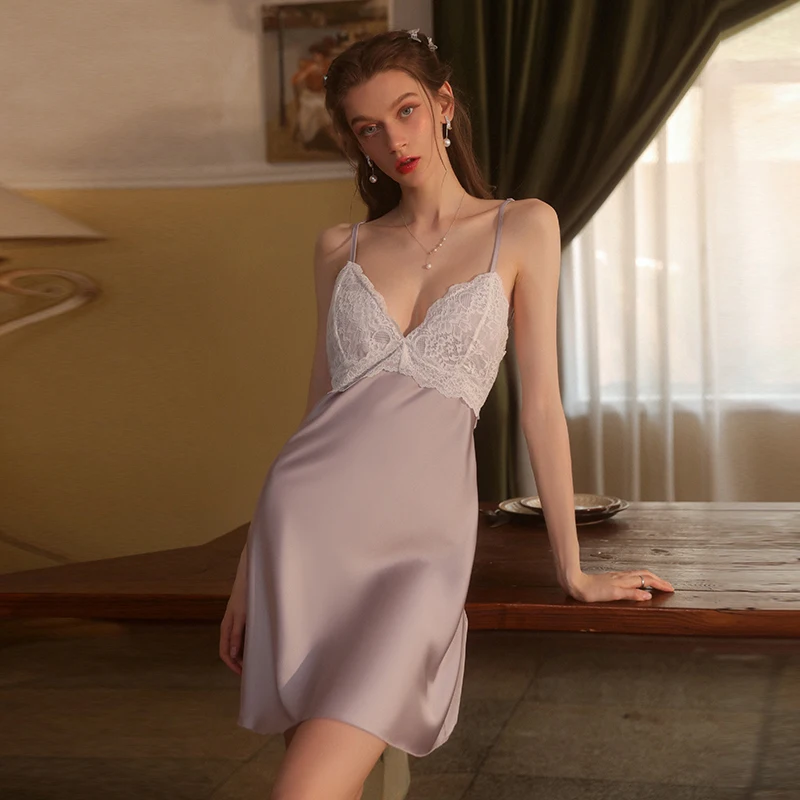 Sexy Mousse Night Wear for Women Sexy Deep V Lace Casual Comfortable Sling Nightdress Solid Color Homewear Set White Pajamas