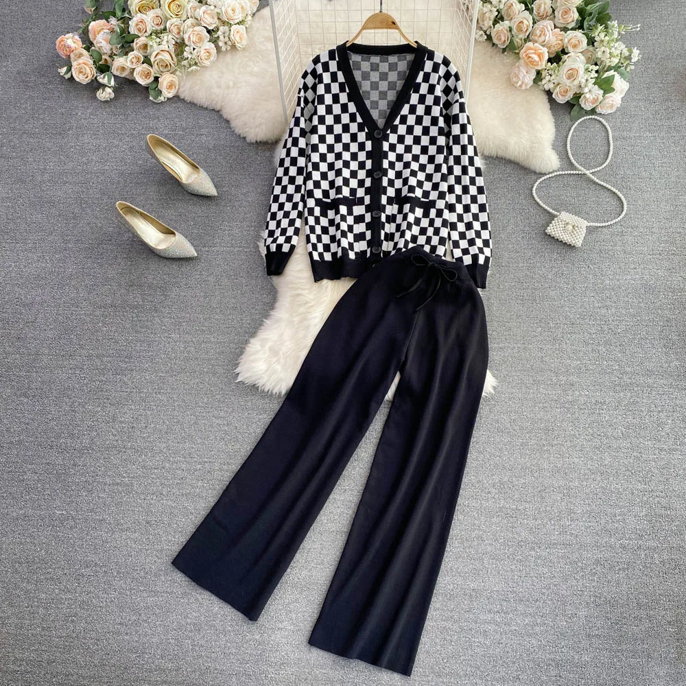 

2023 Autunm Winter Women Knitted Y2K Suit Checkerboard Sweater And Pants Two Piece Set Tracksuit Female Clothing Matching Outfit