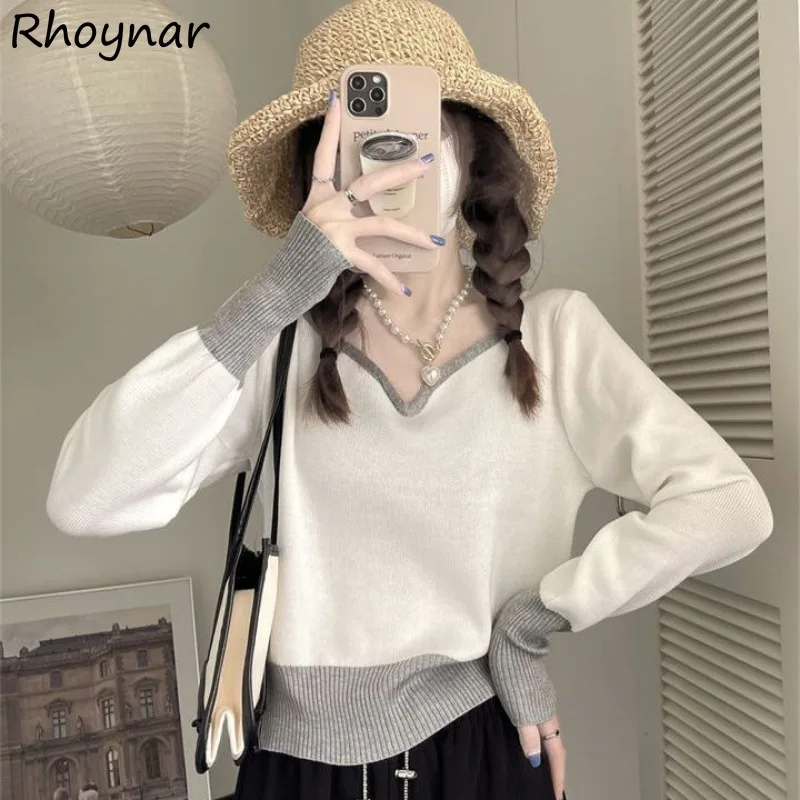 

Cropped Sweater Pullovers Women Harajuku V-neck Kawaii Patchwork Spring College Daily Knitwear Fashion Japanese Style Leisure