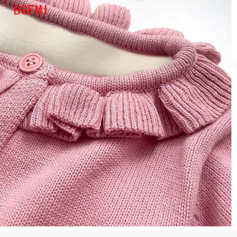2-9세 아동용 가디건 여아용 핑크 토끼 자수 러플 라운드 넥 2025 아동용 플리스 안감 스웨터 니트 상의