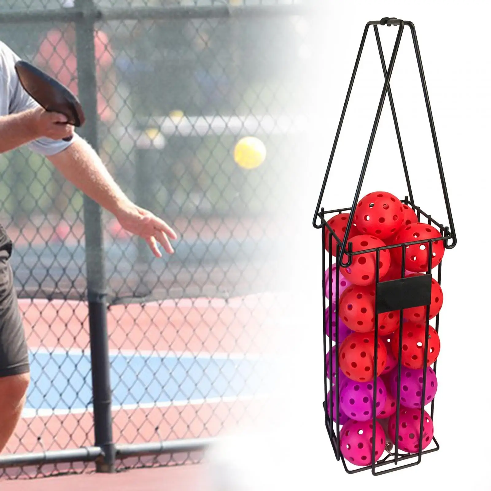 Tennis Ball Hopper Basket - Pick Up & Store 24 Tennis Balls Or 16 Pickleballs, Stainless Steel With Spring Base & Handle