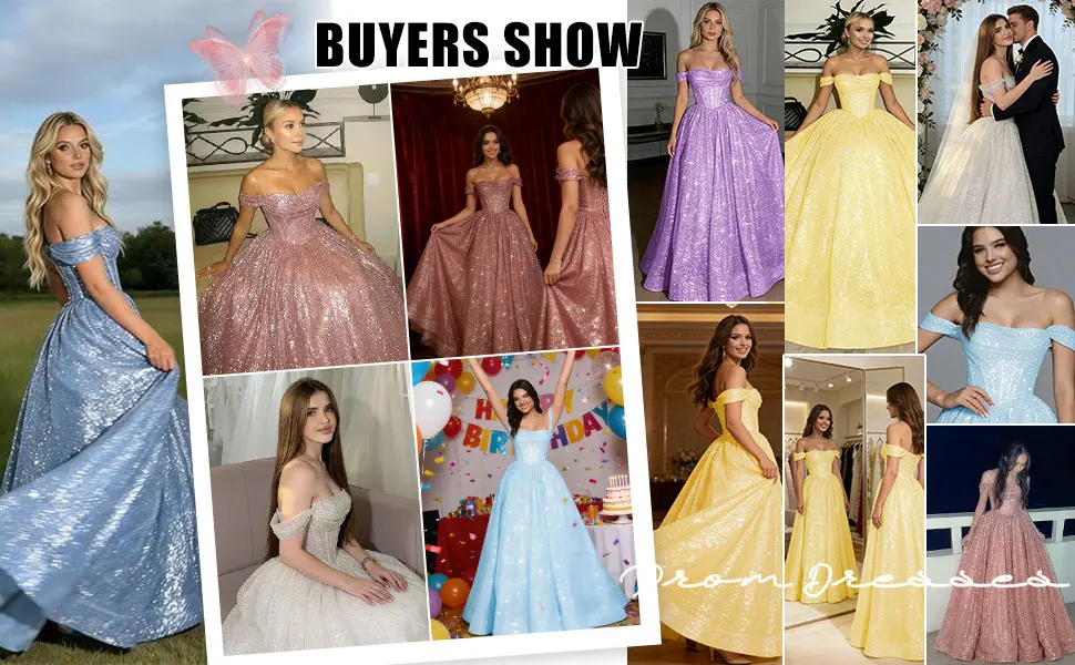 Off the Shoulder Sequin Tulle Ball Gown for Women Prom Evening Dress with Corset Back Quinceanera
