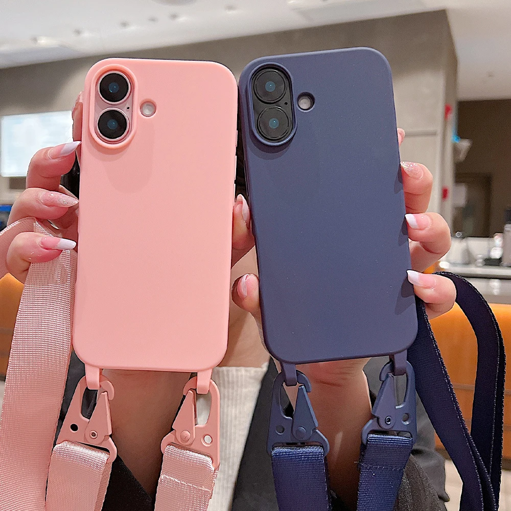 Étui de téléphone en silicone mat avec lanière large et collier bandoulière pour iPhone 16 15 14 Pro Max 13 12 11 XR XS MAX Housse mate antichoc_voghion.com