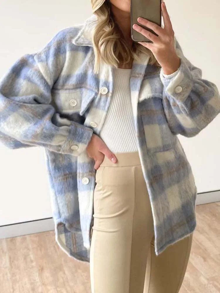 

2023 Autumn Winter Plaid Coat Women Thick Warm Checkered Jacket Coats Female Plush Loose Oversized Coat Jacket for Women