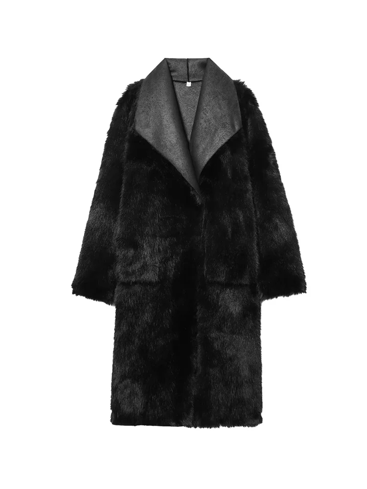 Women Retro Reversible Long Coat Casual Faux Fur Lapel Single Button Pocket Jacket Ladies Winter Fashion Street Warm Outwear