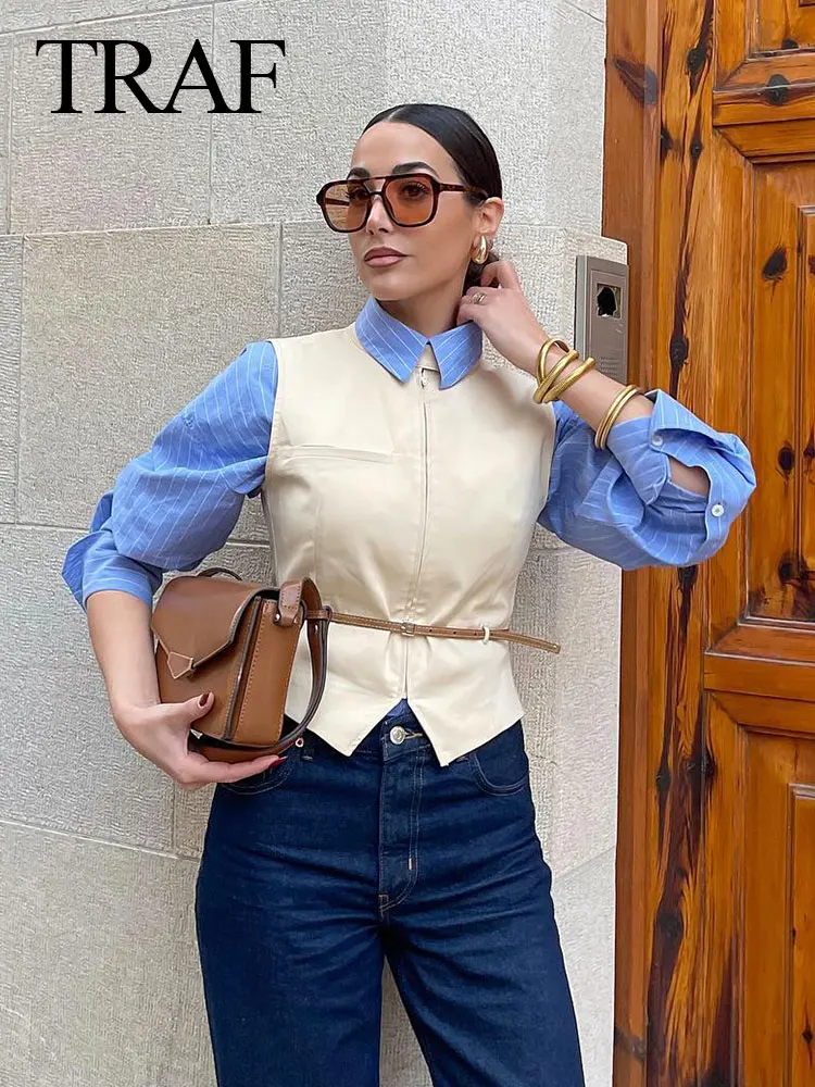 

TRAF 2024 Woman Solid Beige Vest Top Vintage Casual Sexy Chic Belt Sleeveless O Neck Button Pocket Slim Female Tops Street