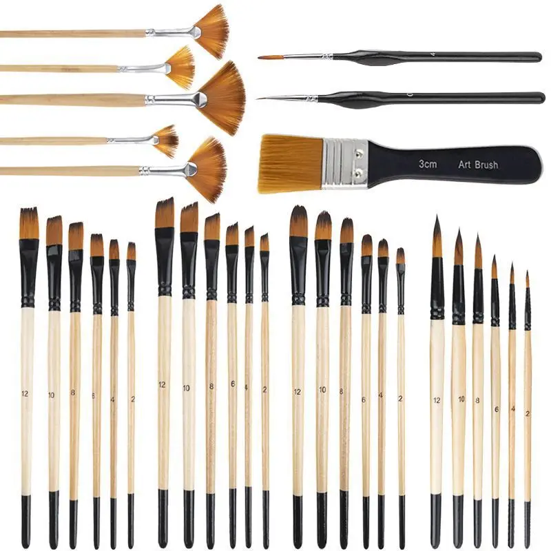 32Pcs Paint Brush Set for Acrylic Painting Premium Nylon Bristles with Round Filbert,Flat,Fan,Angle,Fine Detail Brush for Artist 6