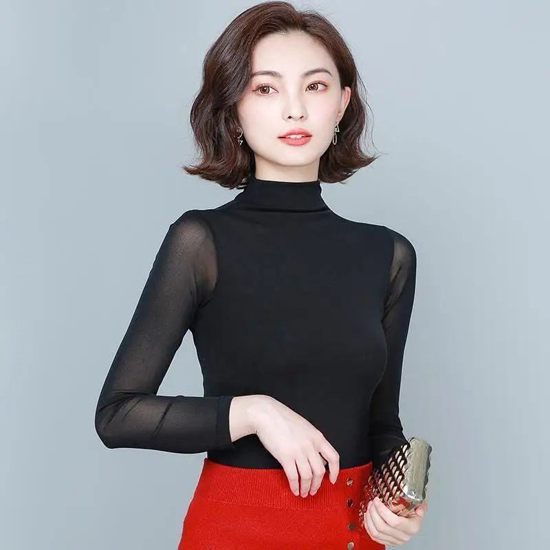 

Woman Turtleneck Neck Lace Bottoming Shirt Female Long-sleeved Mesh Tops Clothing Patchwork Clubwear Women T Blouse G639