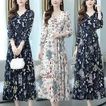 Elegante Abito a Maniche Lunghe con Stampa Floreale, Vestito Aderente Stile Maxi Gonna, Vita Alta, Linea A, Tendenza Street Style, Nuovo Arrivo Autunnale