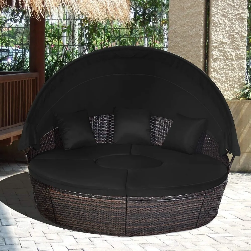 Patio Round Daybed with Retractable Canopy,Outdoor Wicker Rattan Furniture Sets,Sectional Cushioned Sofa Set w/Height 4