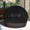 Patio Round Daybed with Retractable Canopy,Outdoor Wicker Rattan Furniture Sets,Sectional Cushioned Sofa Set w/Height 4