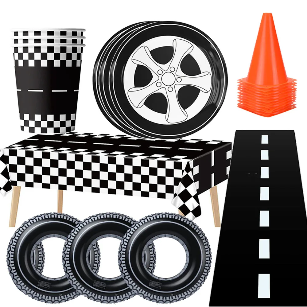 Racing Car Party Supplies Checkered Tablecloth Wheel Plates Inflatable Tire Tubes Road Table Runner Checkered Racing Car Party