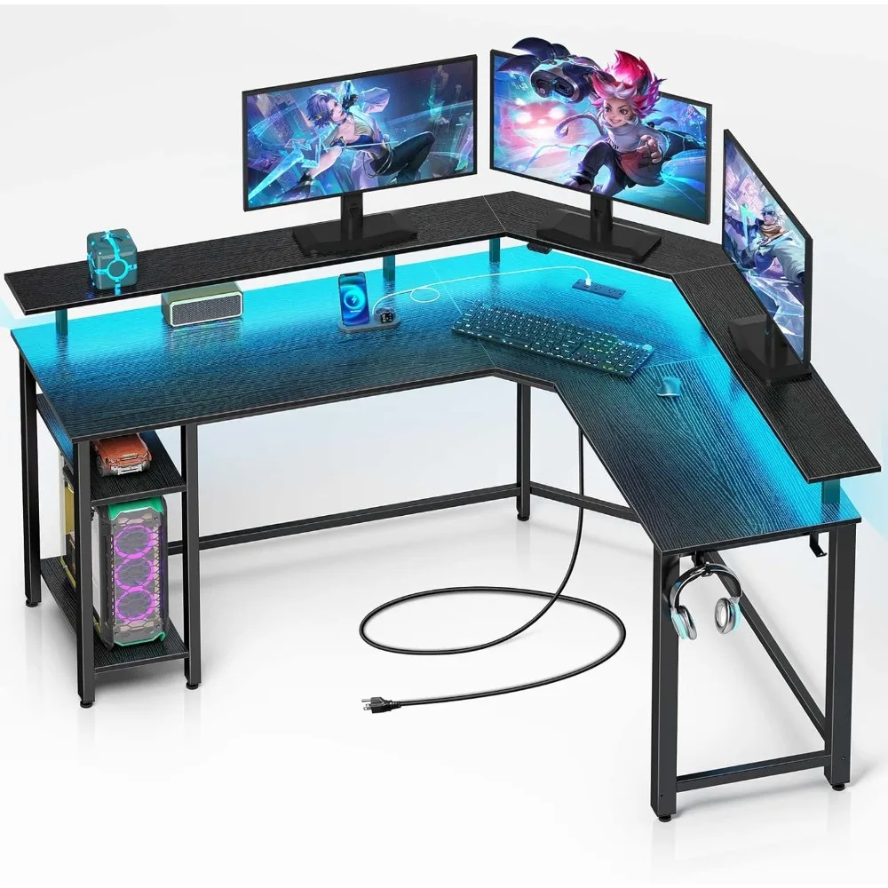 L Shaped Gaming Desk with LED Lights & Power Outlets, 46.2" Computer Desk with Full Monitor Stand & Storage Shelf, Corner Desk