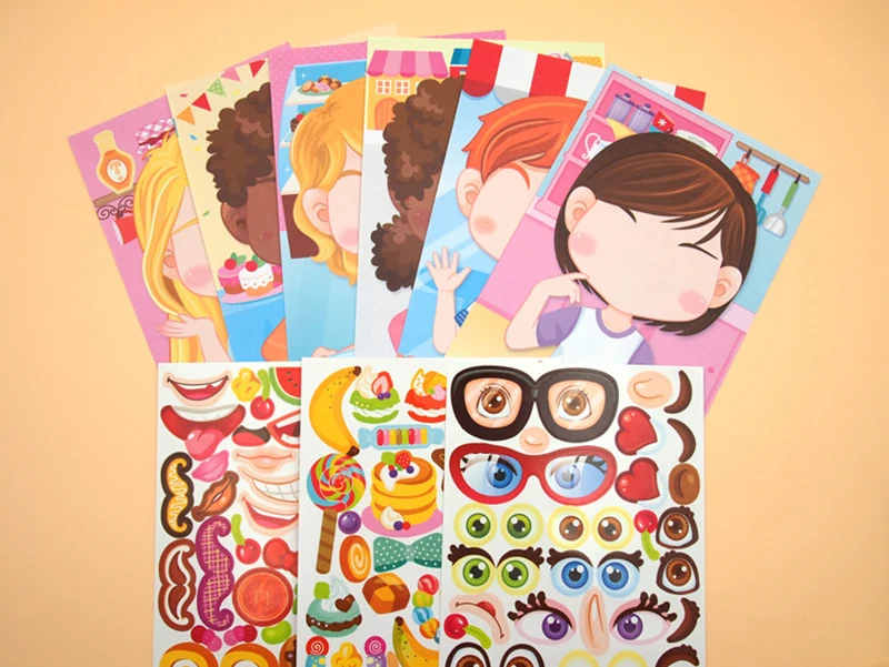 9 Styles Children Kids Make Your Own Faces Stickers Creative DIY Puzzle Games Princess Animals Dinos Girls Boys Party Favor Gift