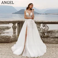 ANGEL Spaghetti Straps Wedding Dress For Women Tulle Sexy High Split Scoop-Neck Bridal Gown Illusion Backles Vestido De Noiva 1